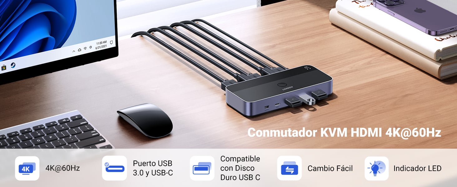 Conmutador KVM HDMI 4K Ugreen 2 Puertos - Switch 2 PCs 1 Teclado