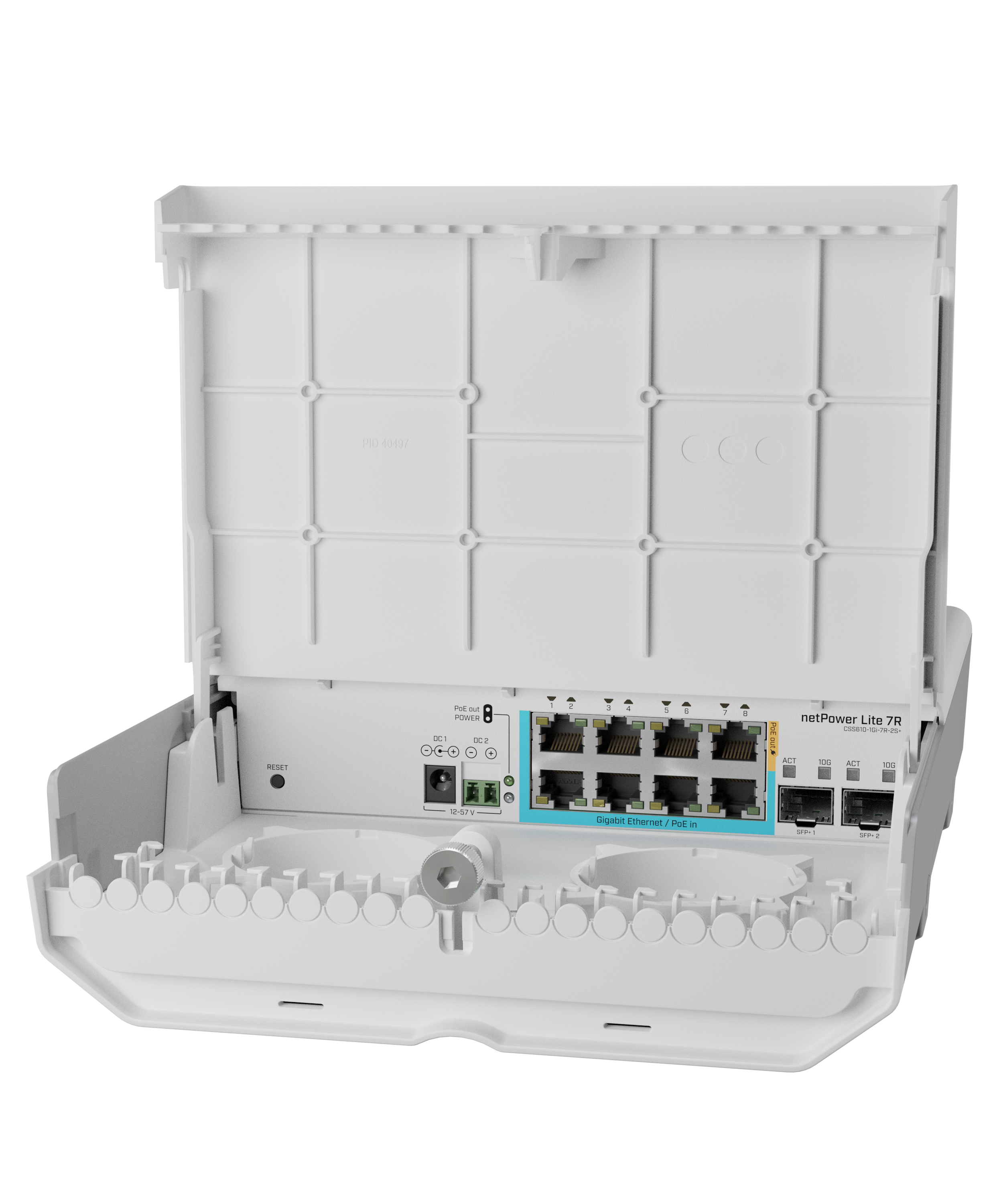 Switch Smart Mikrotik CSS610-1GI-7R-2S+OUT, NetPower Lite 7R, 7 puertos PoE Inverso Gigabit, 2 SFP+ 10G, para exterior
