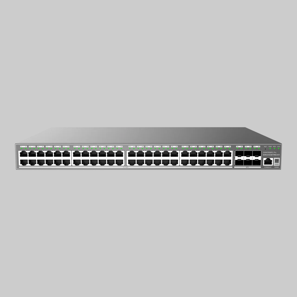 Switch PoE Grandstream GWN7806PL Pro frontal con 48 puertos Gigabit, 6 SFP+ y LEDs verdes
