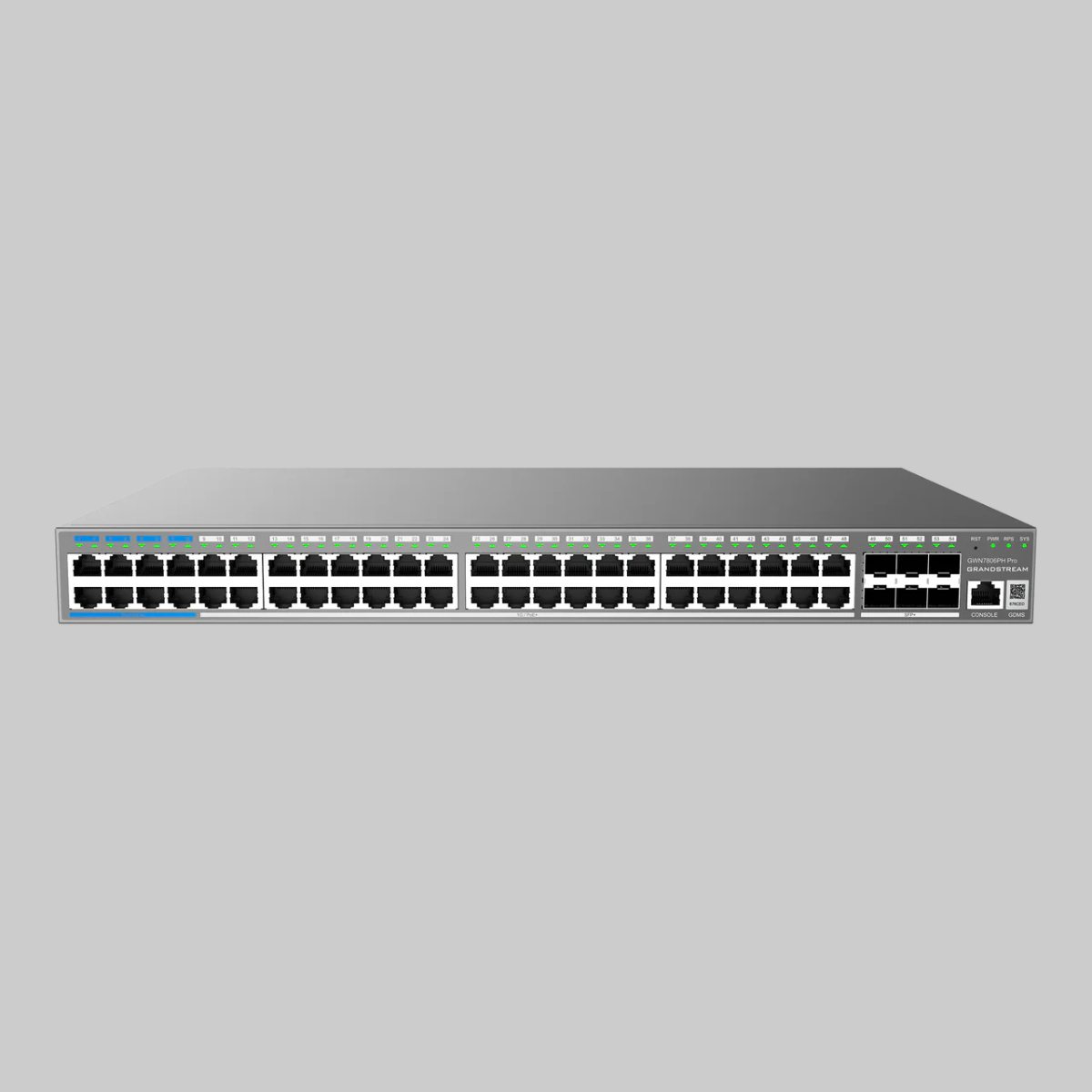 Panel frontal del switch PoE++ administrable Grandstream GWN7806PH con 48 puertos RJ45 y 6 SFP+