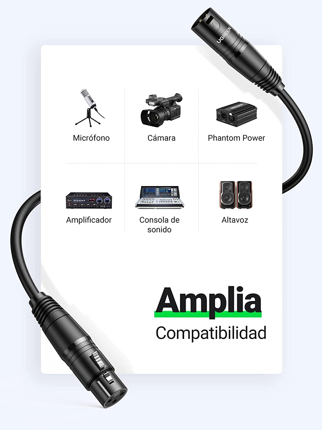 Cable XLR Ugreen conector Canon hembra 3-pin chapado en oro profesional