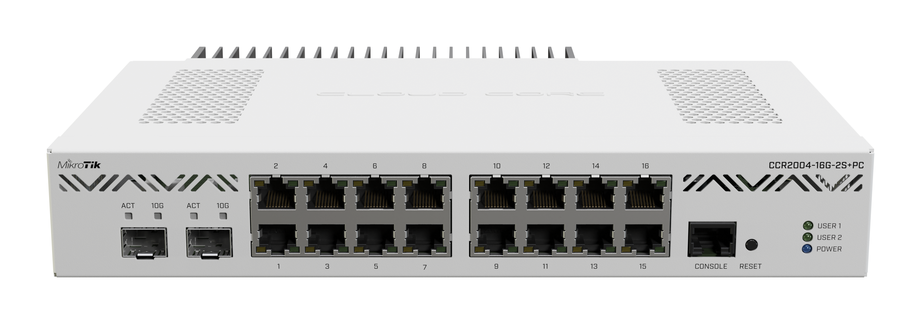 Router Mikrotik CCR2004-16G-2S+PC, 16 puertos Gigabit Ethernet, 2 slots SFP+ de 10G, Licencia nivel 6