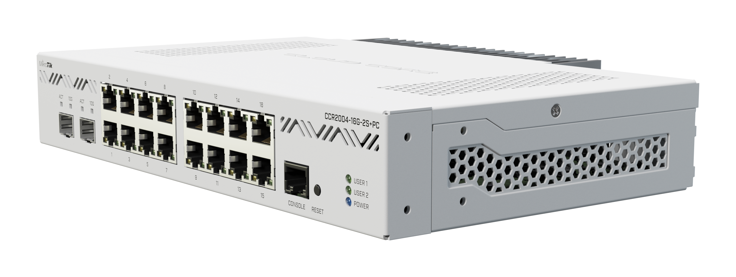 Router Mikrotik CCR2004-16G-2S+PC, 16 puertos Gigabit Ethernet, 2 slots SFP+ de 10G, Licencia nivel 6