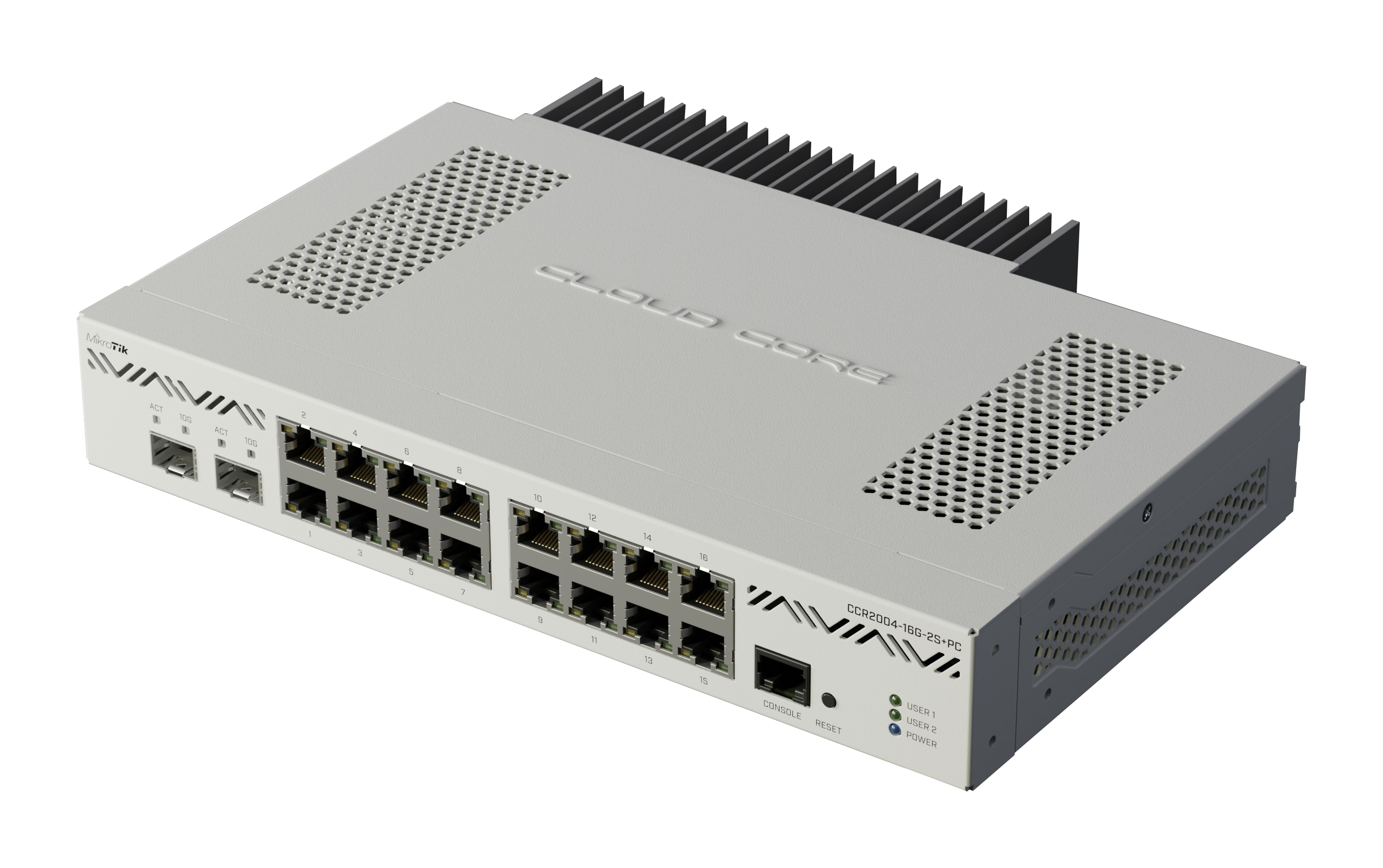 Router Mikrotik CCR2004-16G-2S+PC, 16 puertos Gigabit Ethernet, 2 slots SFP+ de 10G, Licencia nivel 6