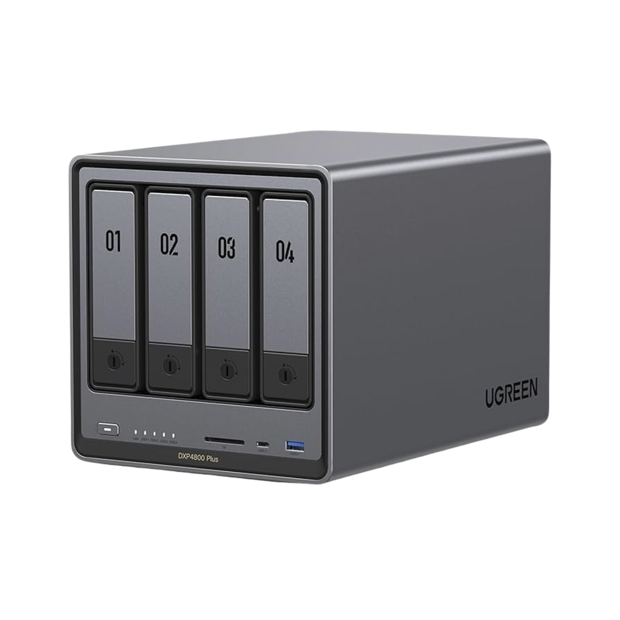 Vista frontal del NAS Ugreen DXP4800 Plus mostrando las 4 bahías para discos duros