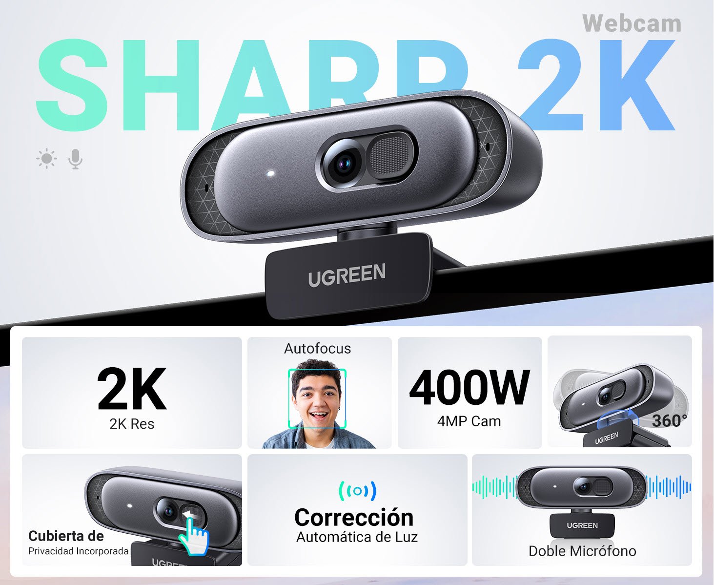 Cámara Web Ugreen 2K 1440p - Micrófono Cancelación Ruido USB