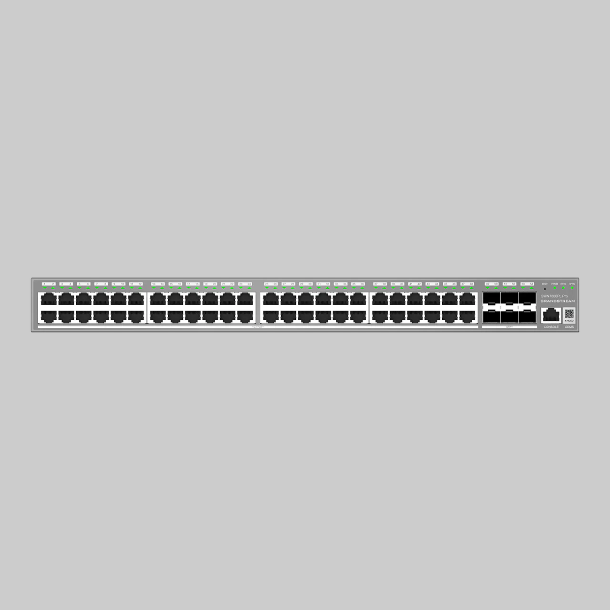 Panel frontal del switch PoE+ administrable Grandstream GWN7806PL con 48 puertos RJ45 y 6 SFP+