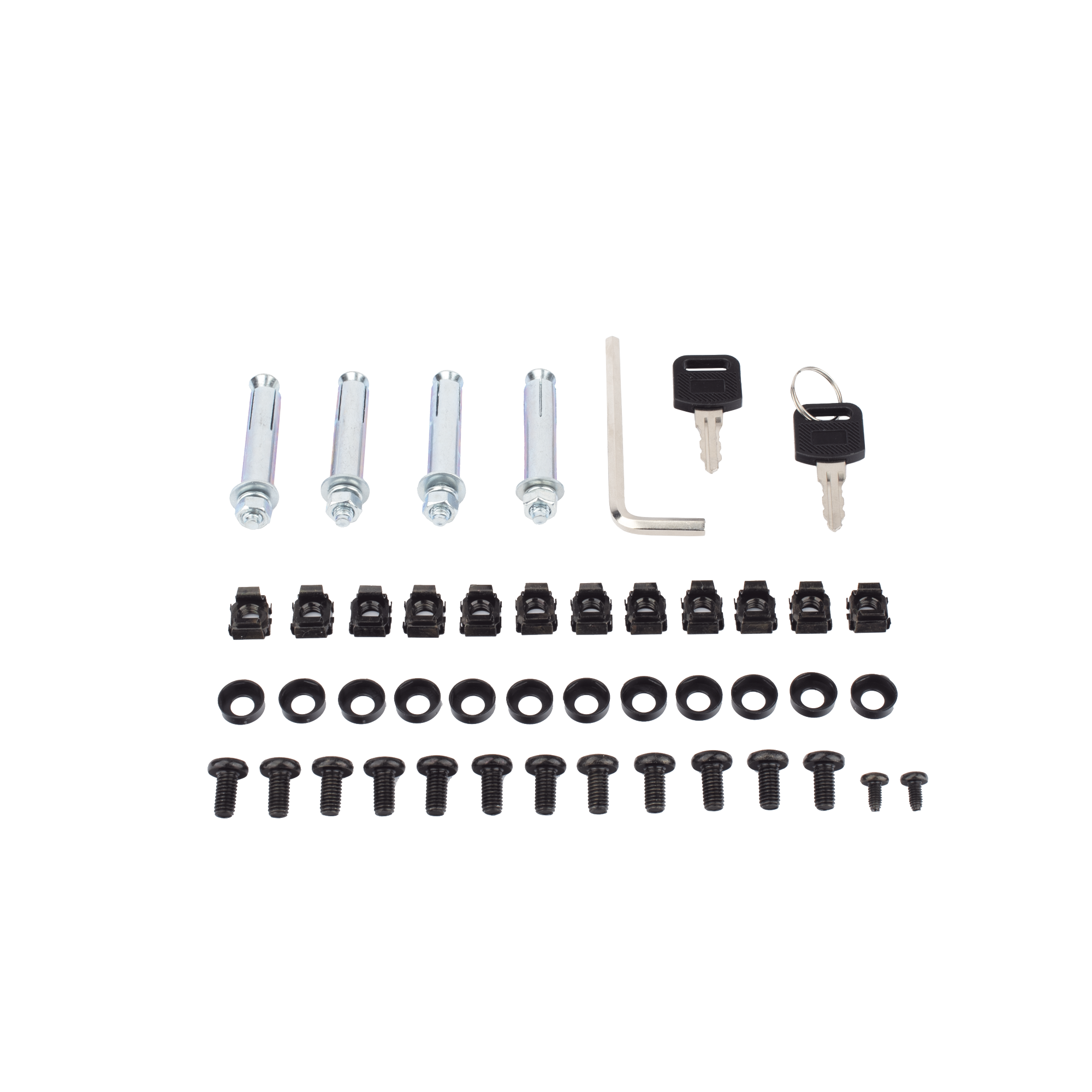 kit de montaje gabinete hikvision con tornillos, llaves y accesorios para instalación segura en pared