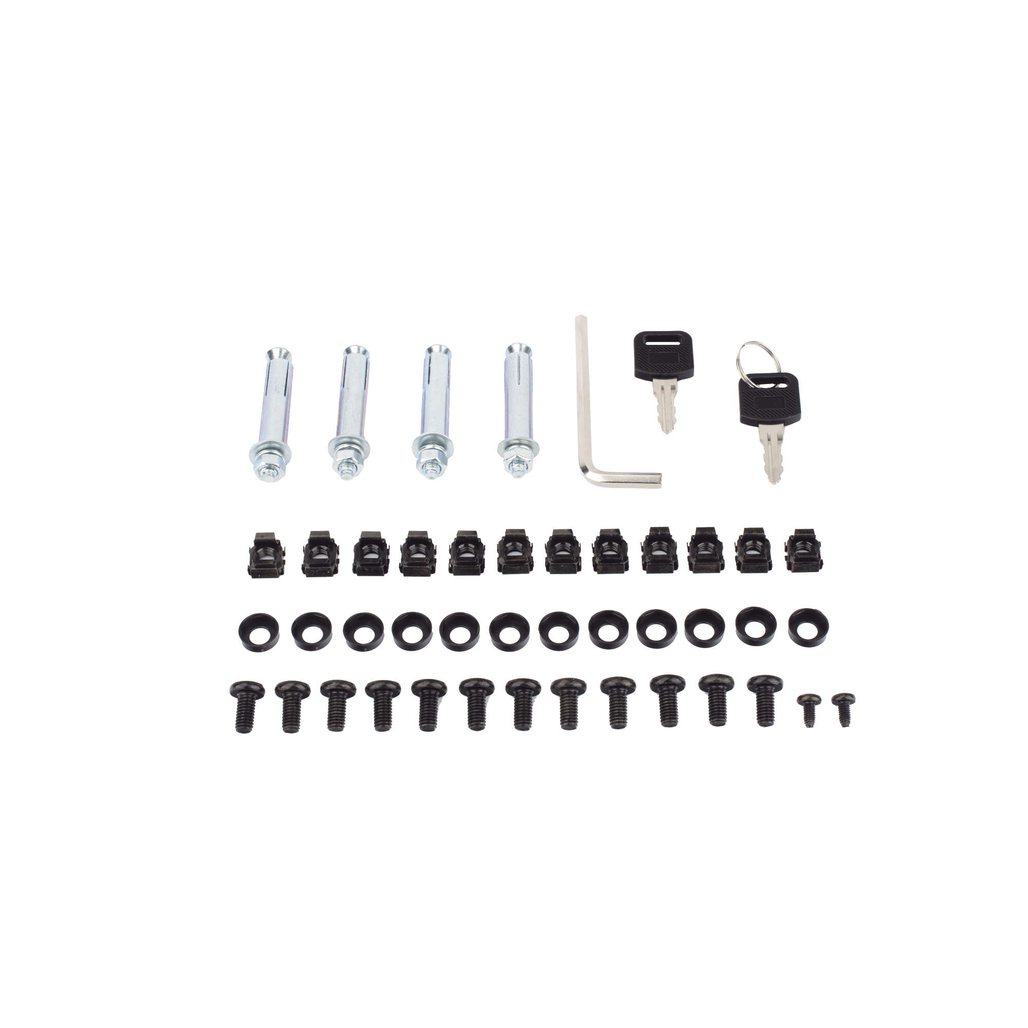 kit de instalación gabinete hikvision de acero con tornillos, taquetes y llaves para montaje seguro en pared