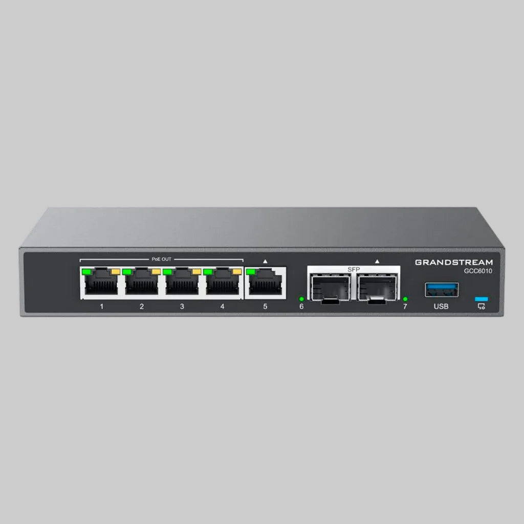 Conmutador Grandstream GCC6010 4 en 1 vista frontal con puertos Ethernet y carcasa negra