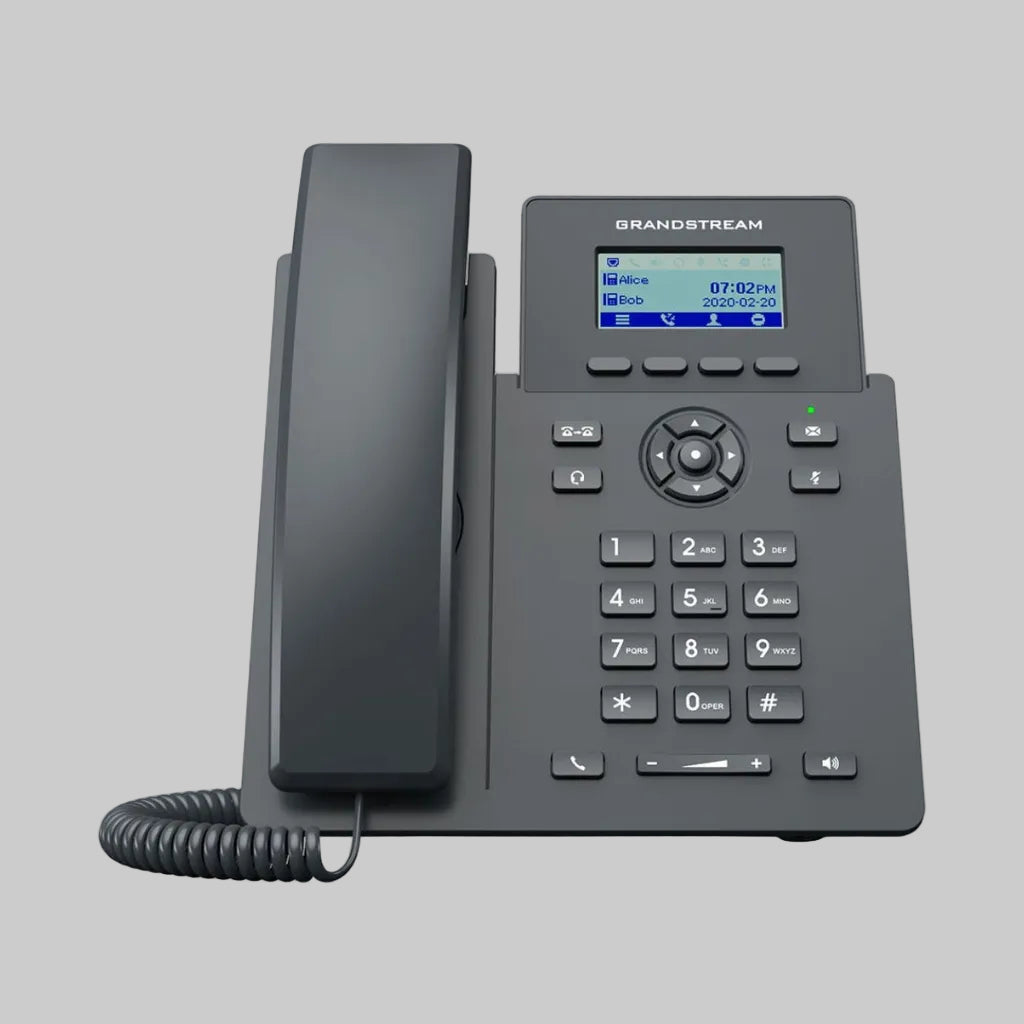 Grandstream GRP2601 visto de frente con pantalla LCD azul, teclas de navegación y auricular cableado