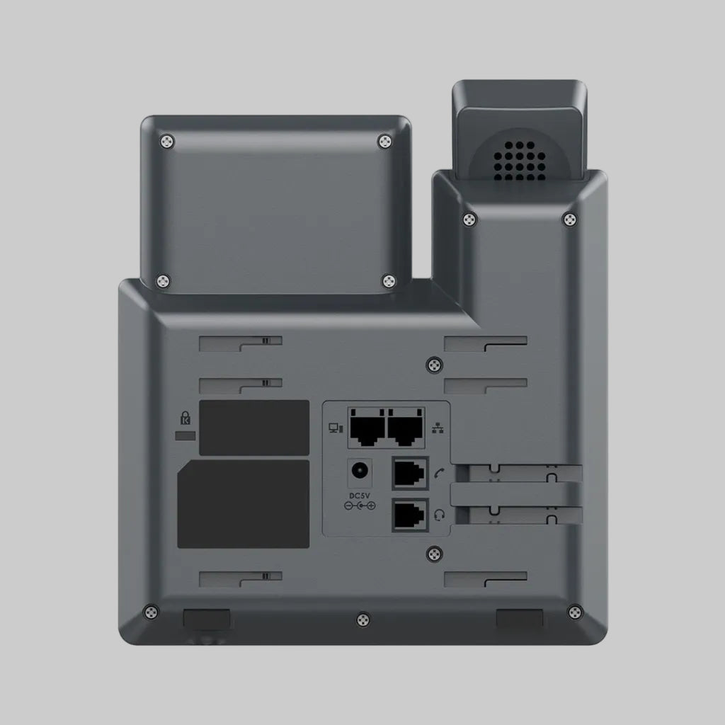 Parte trasera del Grandstream GRP2601 con puertos Ethernet, conexión DC 5V y soporte para escritorio