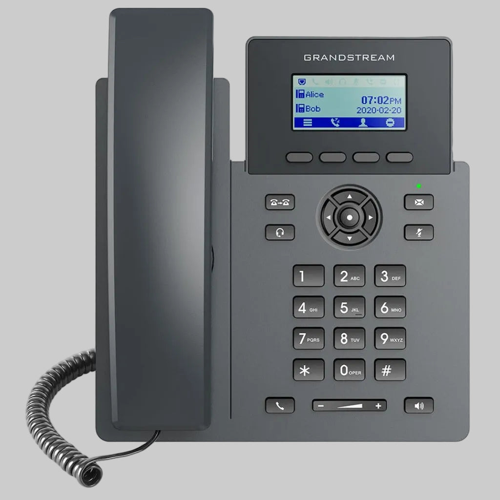 Teléfono IP Grandstream GRP2601P negro, vista frontal con pantalla LCD, teclado físico y auricular para uso empresarial