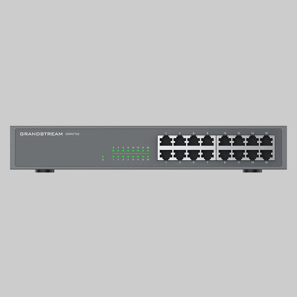 Switch no administrable Grandstream GWN7702 de 16 puertos Gigabit Ethernet, vista frontal 2