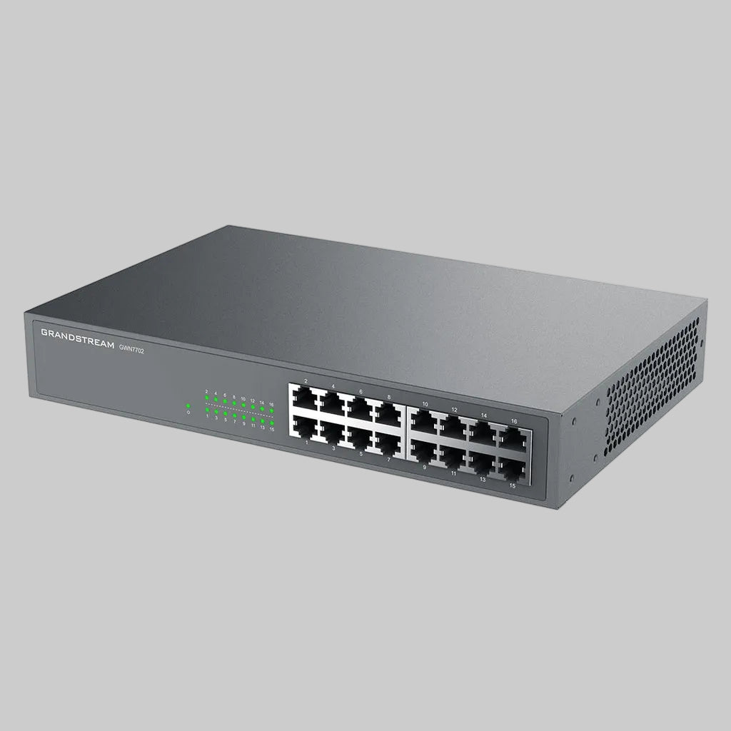 Switch no administrable Grandstream GWN7702 de 16 puertos Gigabit Ethernet, vista lateral derecha