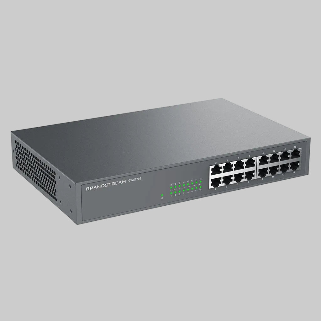 Switch no administrable Grandstream GWN7702 de 16 puertos Gigabit Ethernet, vista lateral