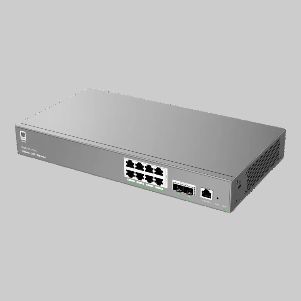 Switch PoE administrable 8 puertos Grandstream GWN7801P Pro con chasis metálico negro y puertos SFP