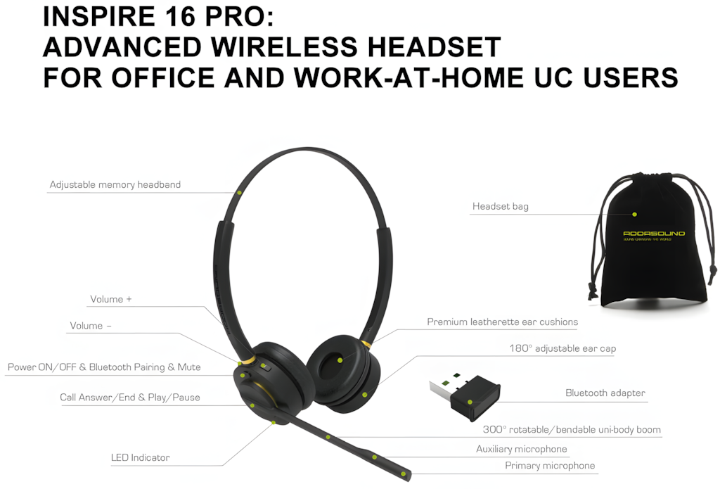Diadema Profesional Inalámbrica Addasound INSPIRE 16PRO Binaural, Cancelación ruido, USB