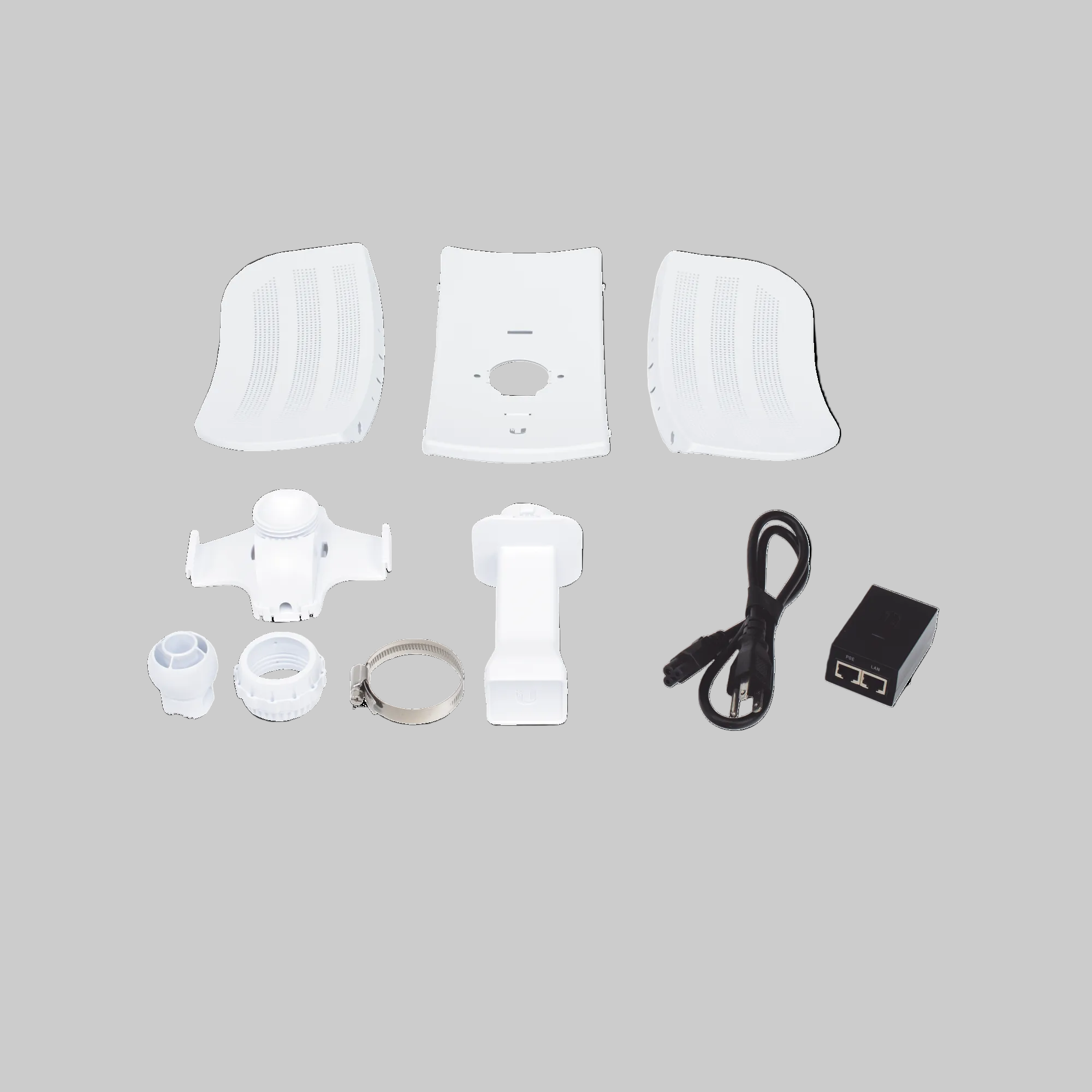 Kit antena Ubiquiti 23 dBi incluye PoE, abrazadera y piezas de montaje para instalación inalámbrica exterior