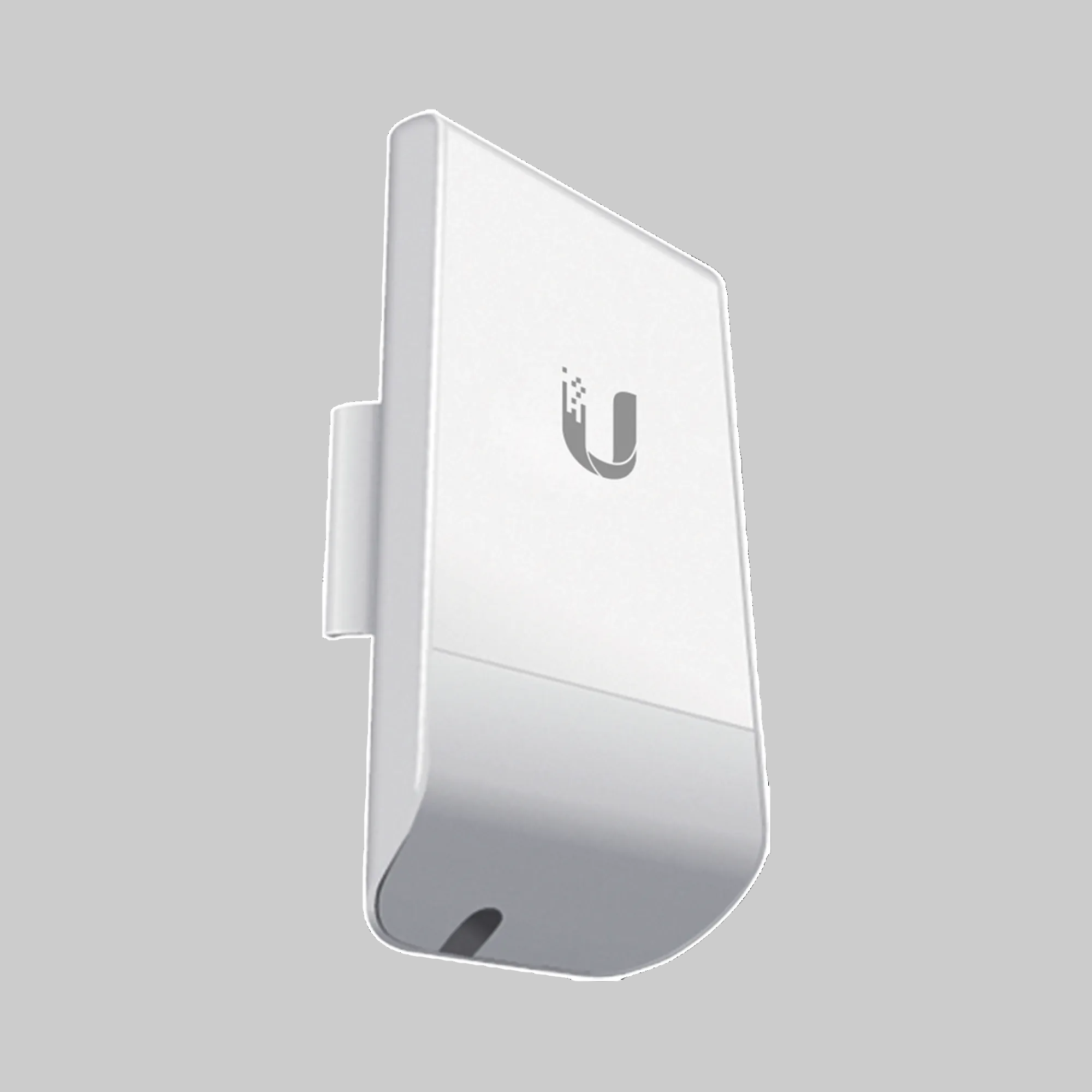 Antena NanoStation LocoM5 Ubiquiti 5GHz en ángulo lateral con carcasa blanca compacta para enlace inalámbrico exterior