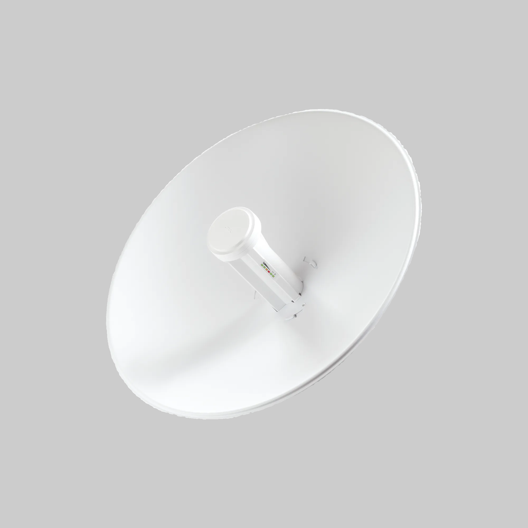 powerbeam m5 300 ubiquiti vista frontal inclinada con plato 5ghz y alimentador central para enlace punto a punto