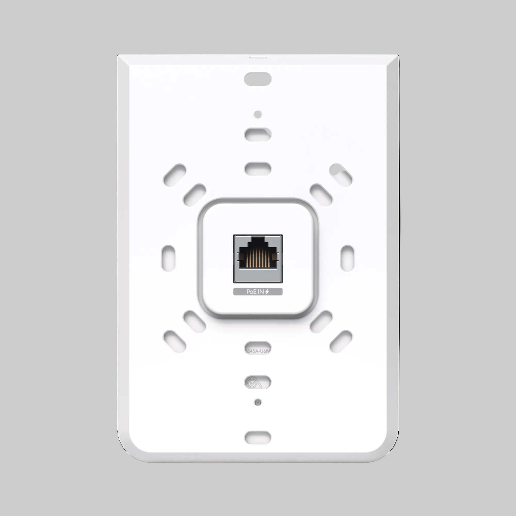 Parte trasera del access point UniFi U6-IW con puerto PoE Ethernet para instalación en pared