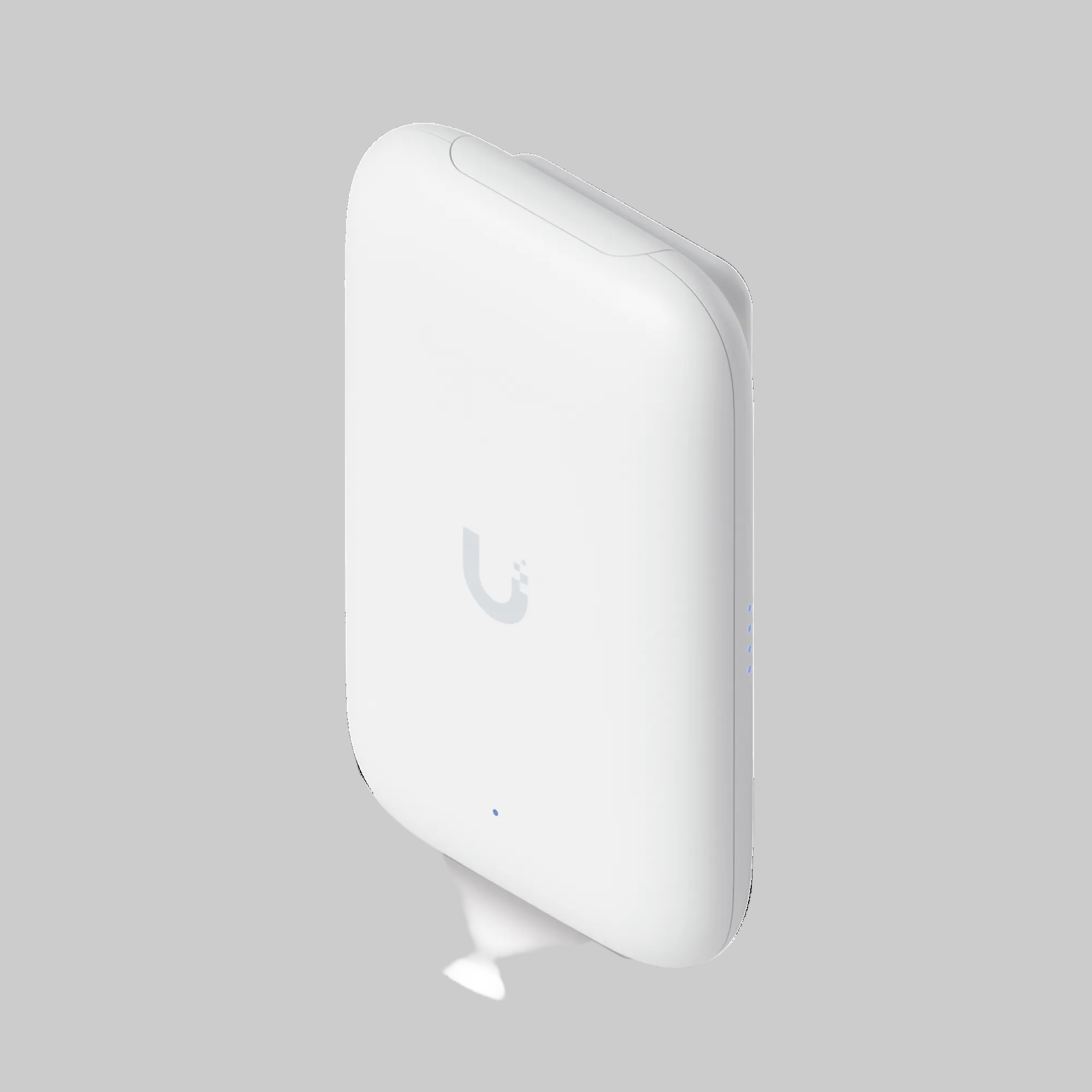 Access point UniFi UK-Ultra en vista diagonal, carcasa blanca compacta con LED lateral azul
