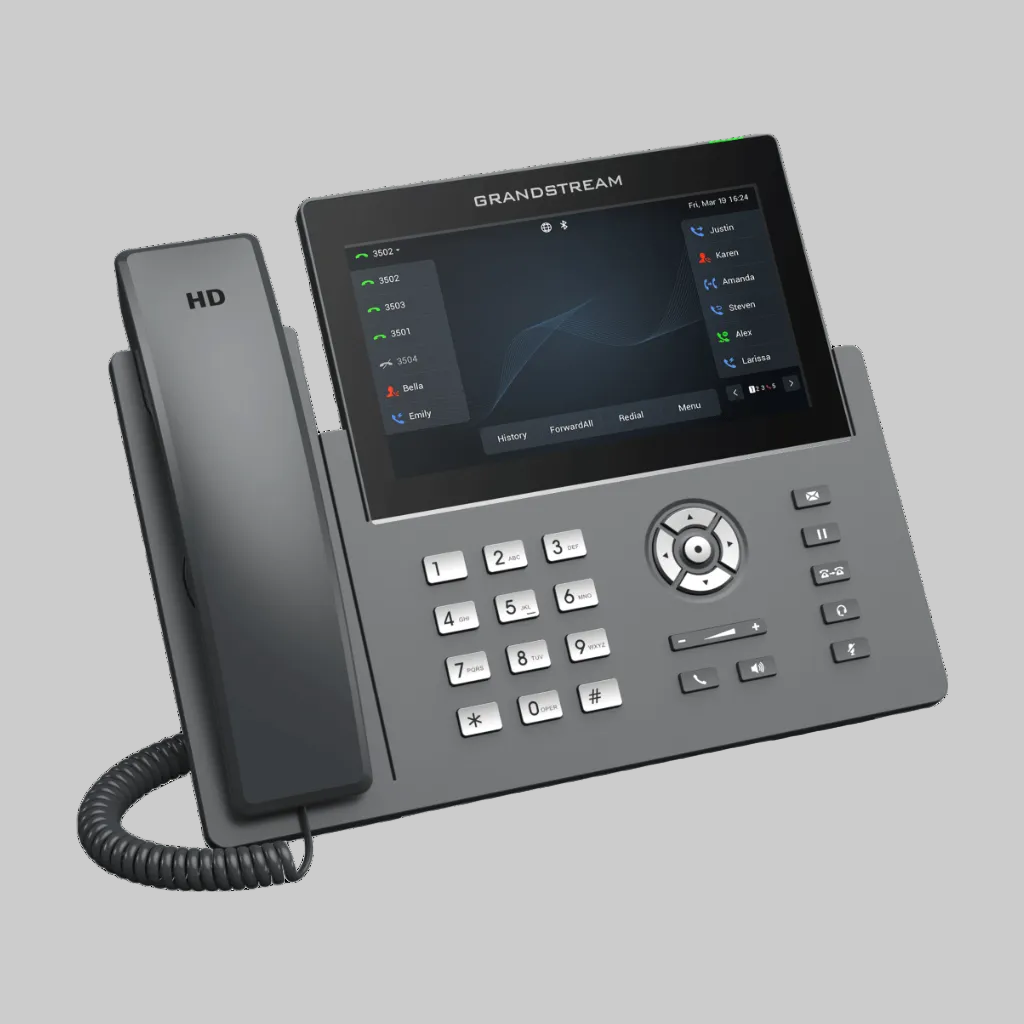 Teléfono VoIP empresarial GRP2670 en ángulo lateral mostrando diseño ergonómico y base inclinada para escritorio