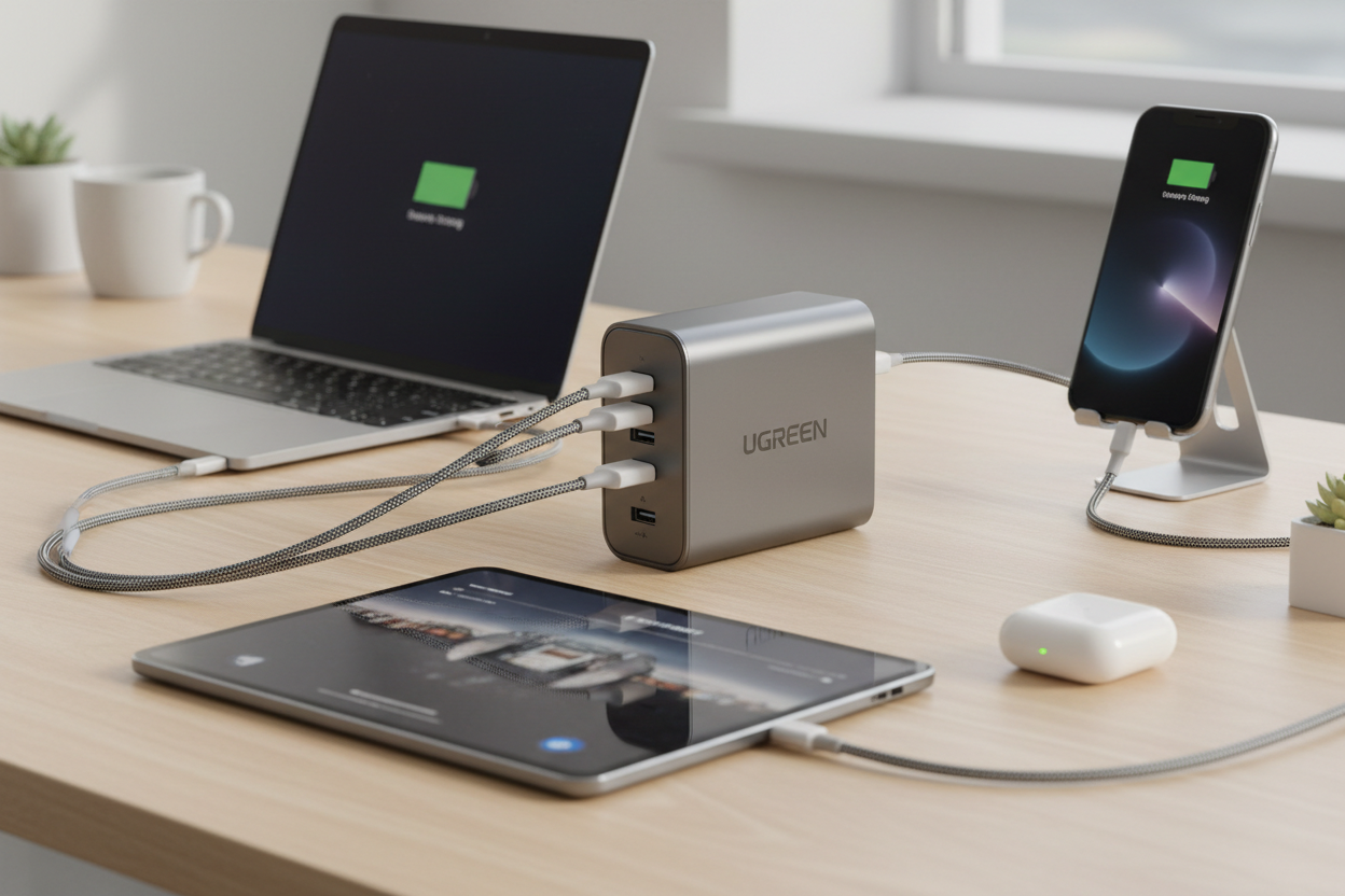 Cargador Ugreen Nexode S 100W GaN cargando simultáneamente laptop tablet y teléfonos con 4 puertos