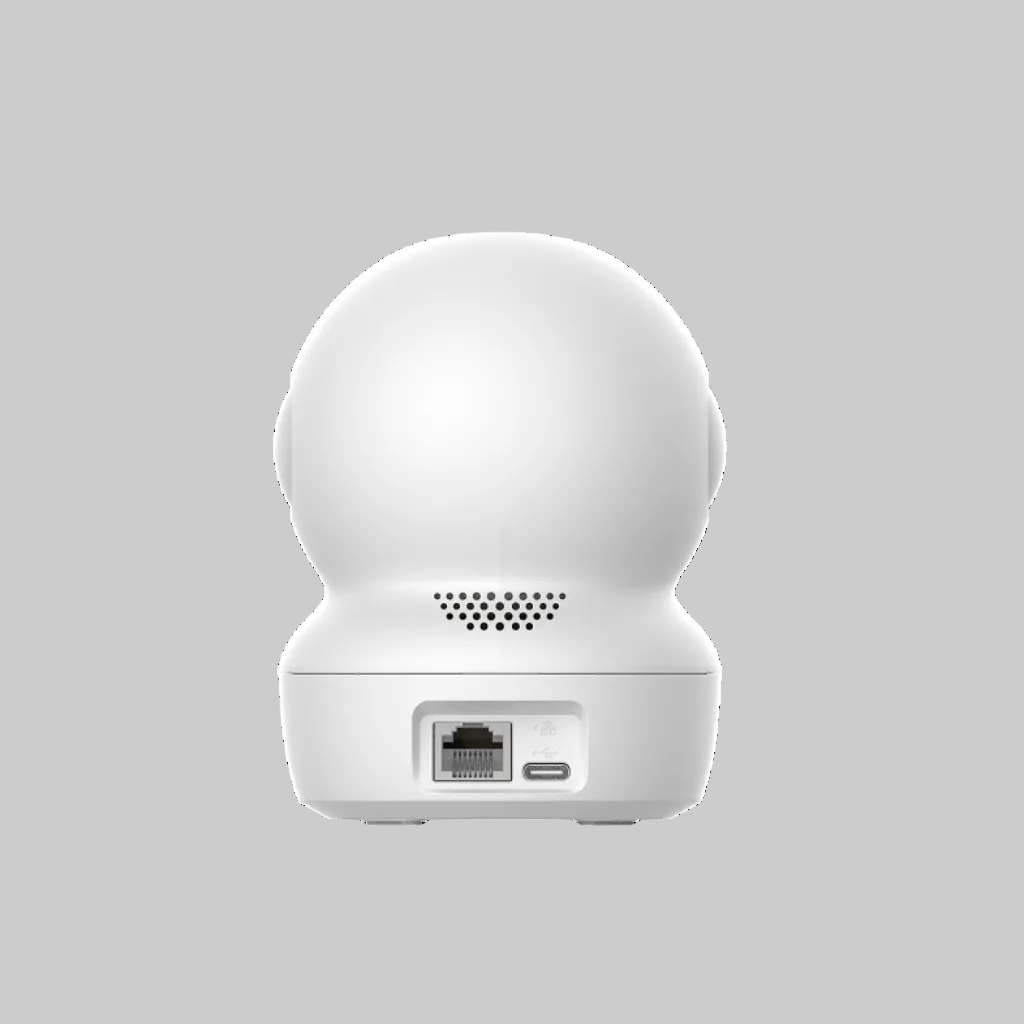 parte trasera cámara EZVIZ wifi 8MP con puerto de alimentación y diseño redondo minimalista blanco