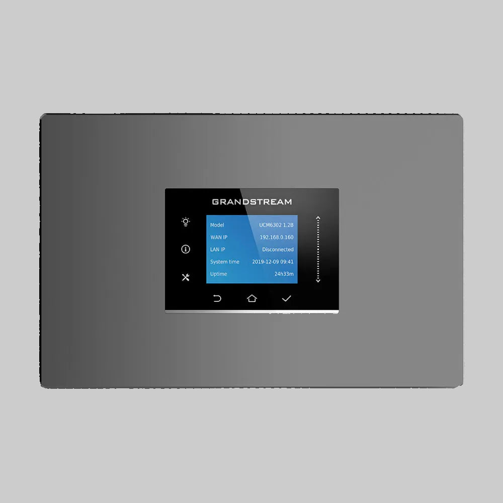 Pantalla LCD a color y botones táctiles del conmutador IP Grandstream UCM6302 vista desde arriba