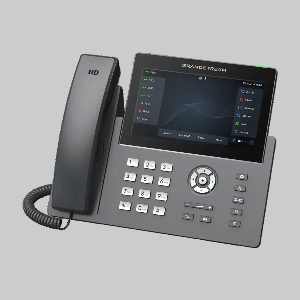 Teléfono IP empresarial con pantalla HD y múltiples líneas SIP, ideal para call center y recepción profesional