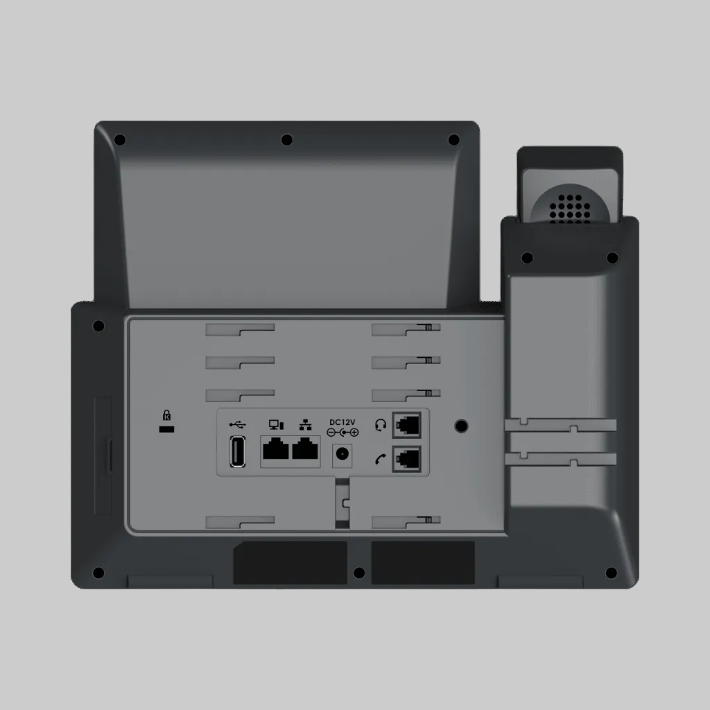 Teléfono IP empresarial con base ajustable y soporte ergonómico para escritorio en oficinas modernas