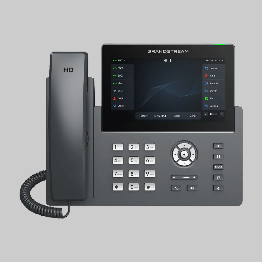 Teléfono IP Grandstream GRP2670 con pantalla color, teclado físico y auricular, ideal para oficinas con 12 líneas SIP
