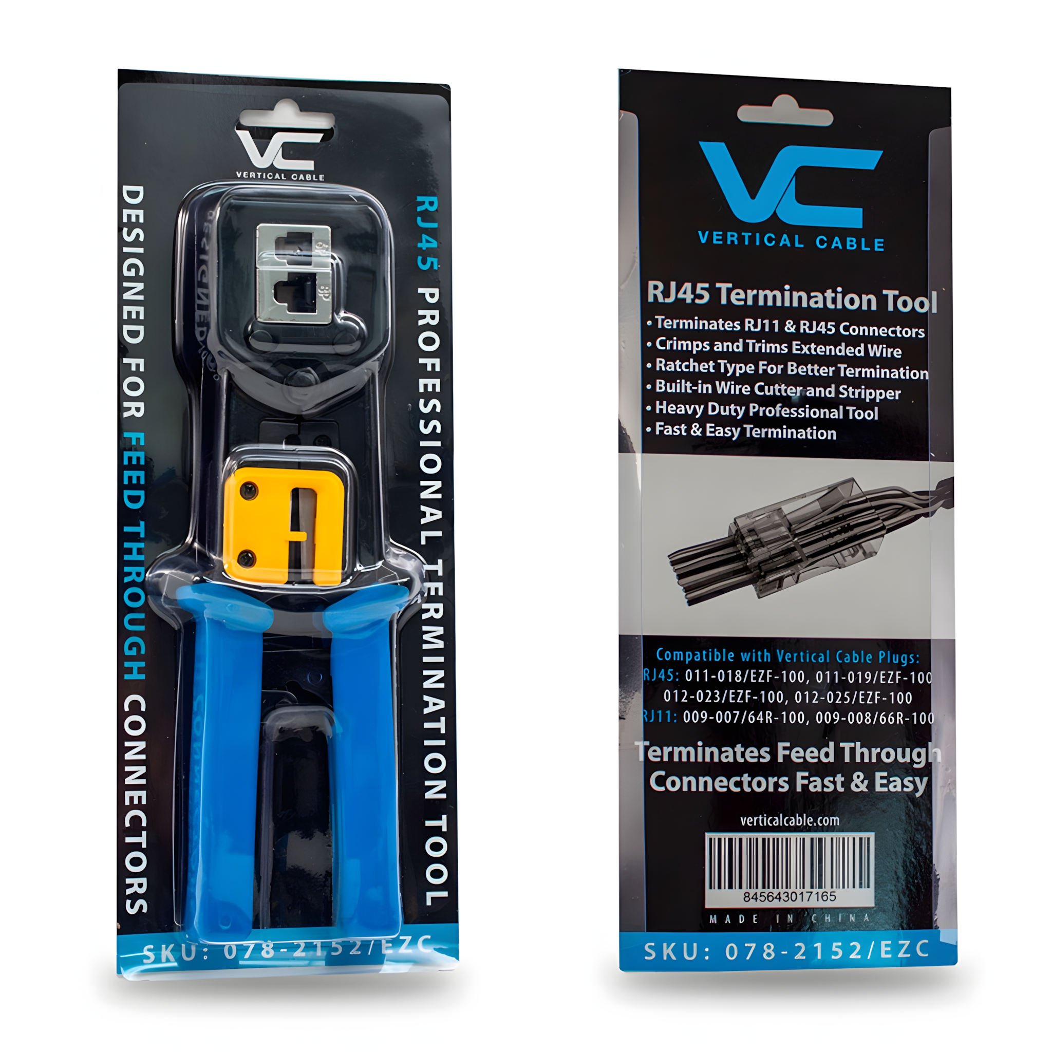 Pinzas Para Rematar Plugs RJ45 Vertical Cable 078-2152/EZC, Para alimentación pasante, corte y pelado incorporada