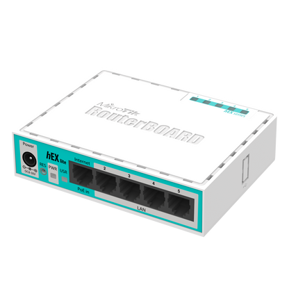 Router Mikrotik RB750r2, hEX lite Router board 64Mb de RAM, 5 puertos 10/100 y RouterOS Licencia Nivel 4