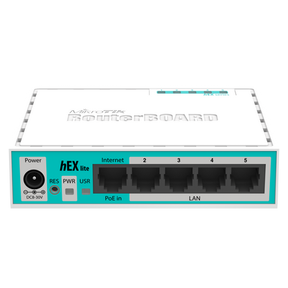 Router Mikrotik RB750r2, hEX lite Router board 64Mb de RAM, 5 puertos 10/100 y RouterOS Licencia Nivel 4