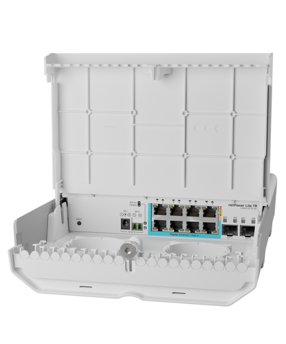 Switch Smart Mikrotik CSS610-1GI-7R-2S+OUT, NetPower Lite 7R, 7 puertos PoE Inverso Gigabit, 2 SFP+ 10G, para exterior