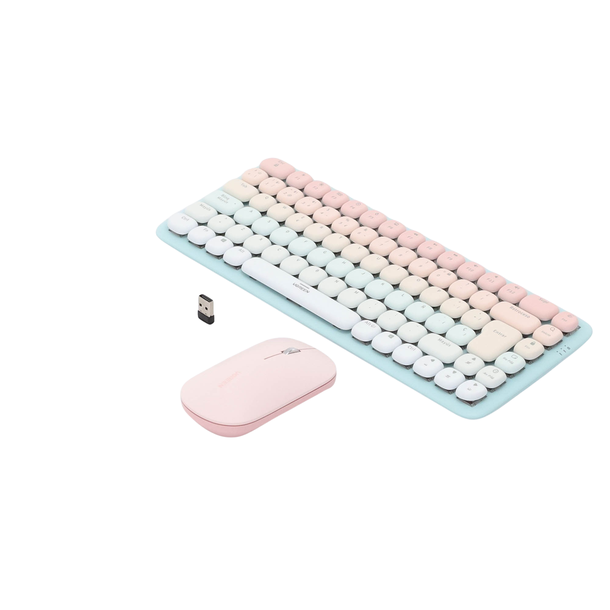 Teclado mouse Ugreen rosa conectividad dual Bluetooth 2.4GHz 4 dispositivos