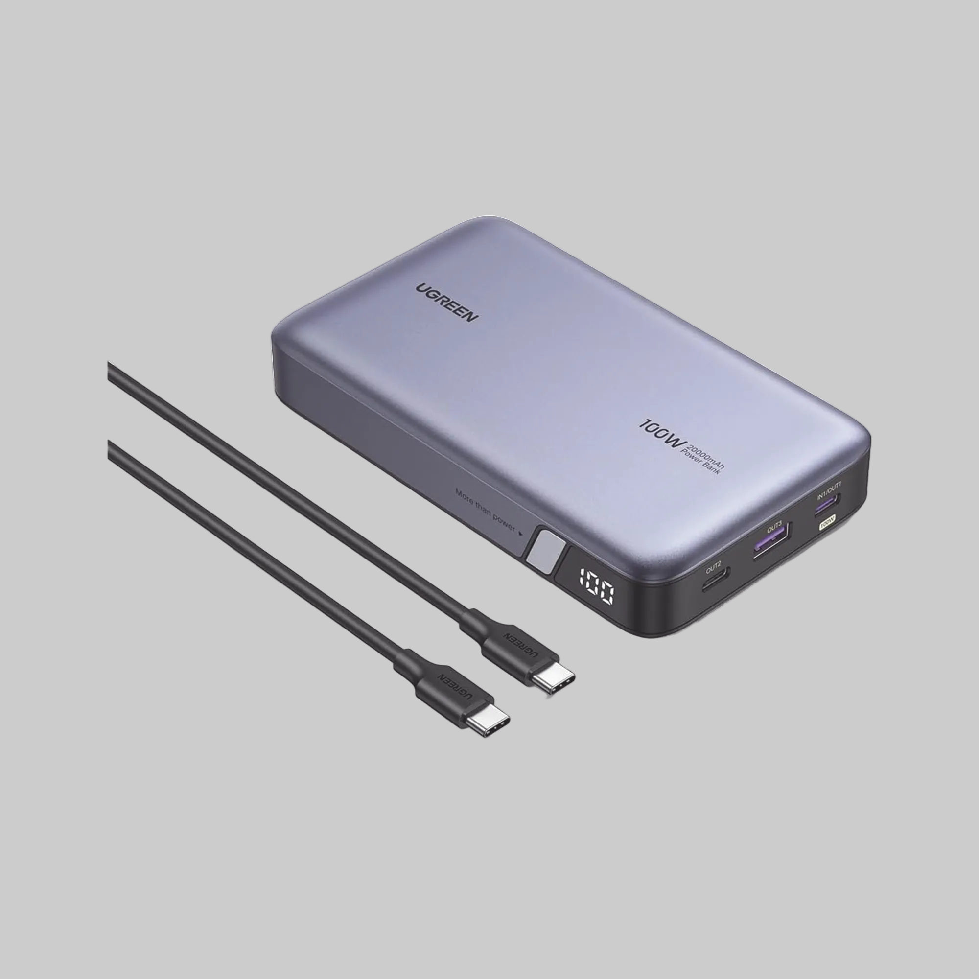 Power Bank Ugreen 20000mAh 100W carga rápida USB-C vista frontal
