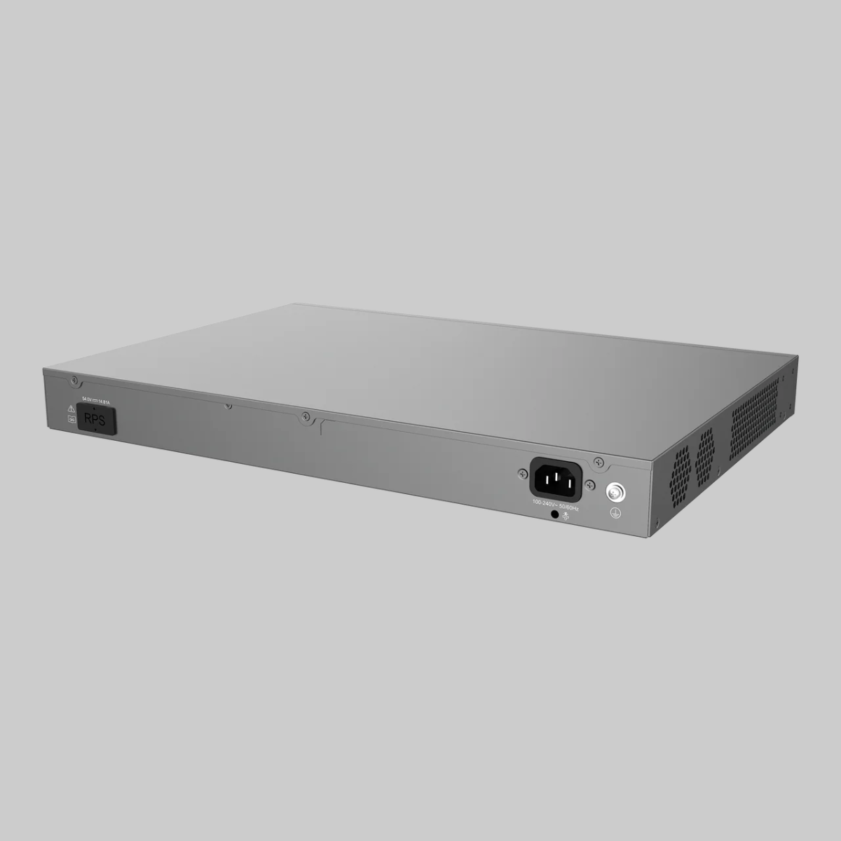 Parte trasera del Grandstream GWN7806PH Pro con puerto RPS, entrada AC, tierra física y ventilación lateral