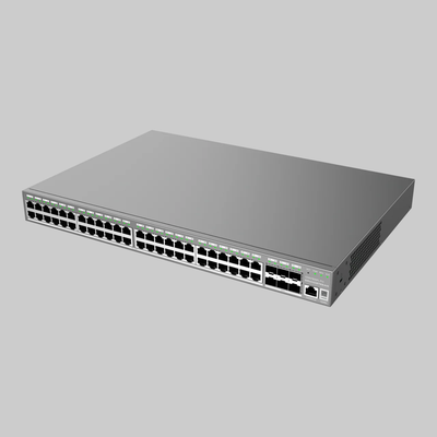 Switch PoE+ Grandstream GWN7806PL Pro en perspectiva con chasis gris, 48 puertos y SFP+ 10G