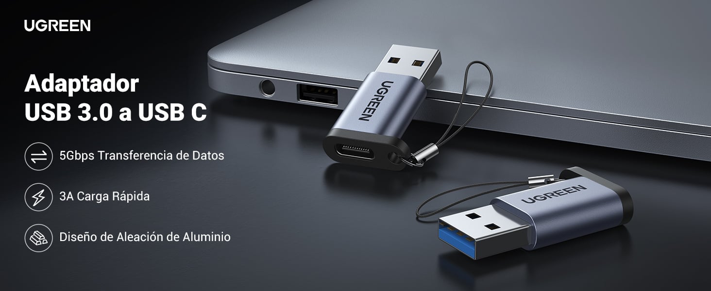 Adaptador Ugreen USB-C conectando pendrive USB 3.0 a laptop moderna