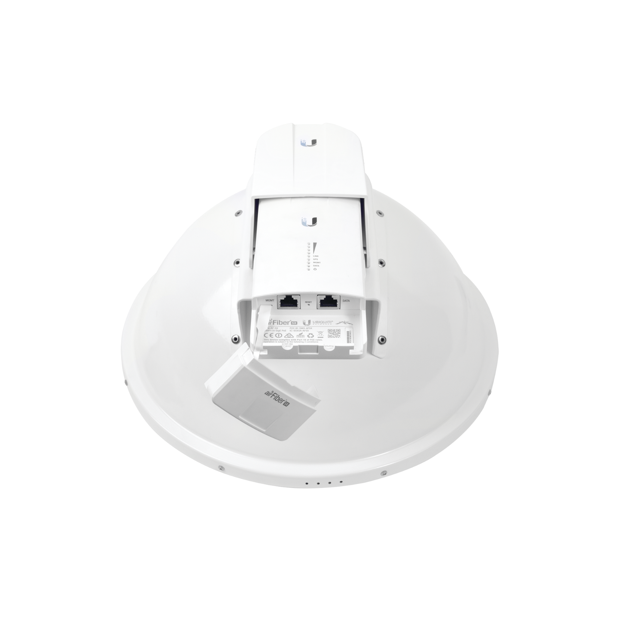 Detalle de puertos Ethernet en antena airFiber 23 dBi para configuración de enlaces inalámbricos punto a punto