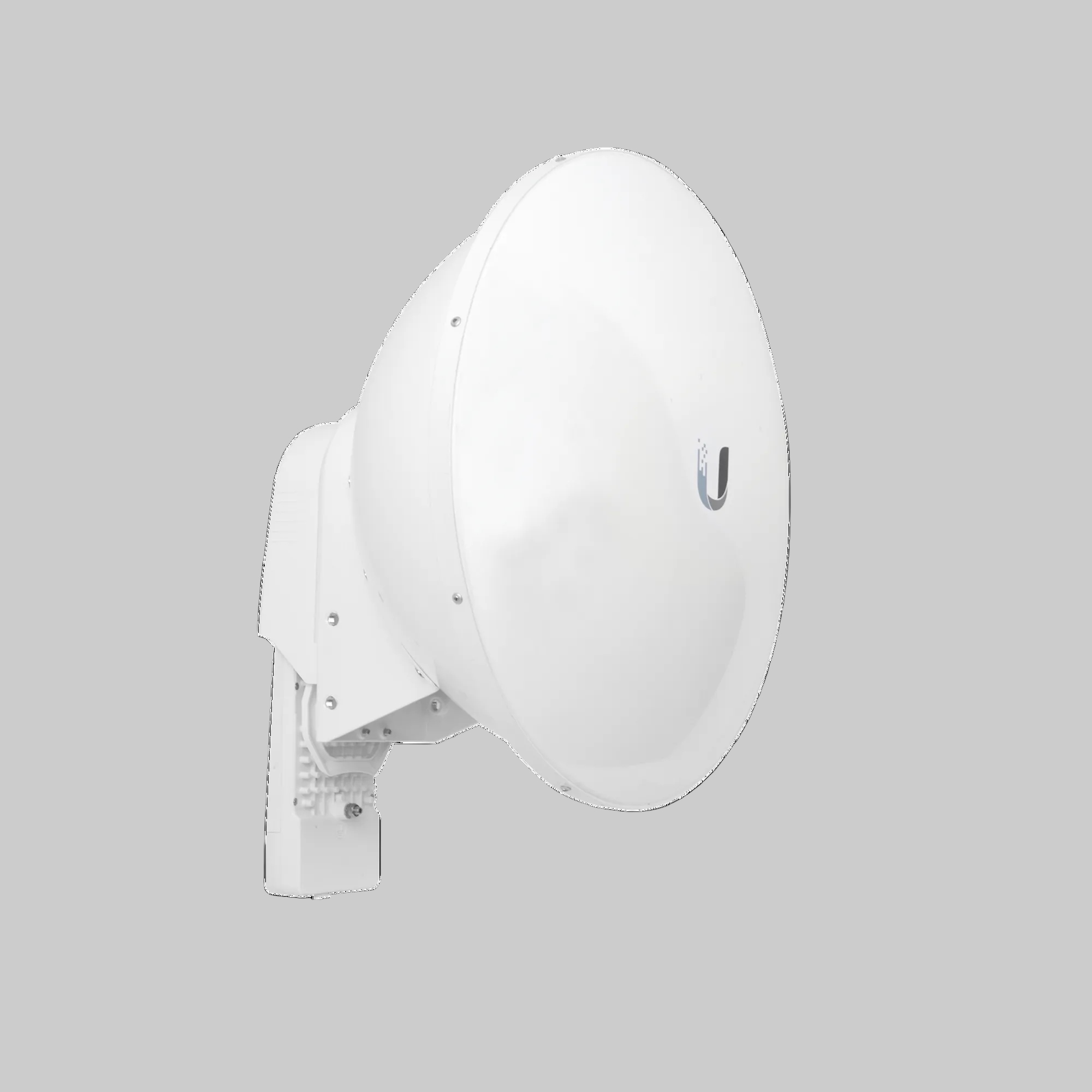 Antena airFiber 23 dBi vista lateral con soporte metálico ajustable para instalación en mástil exterior
