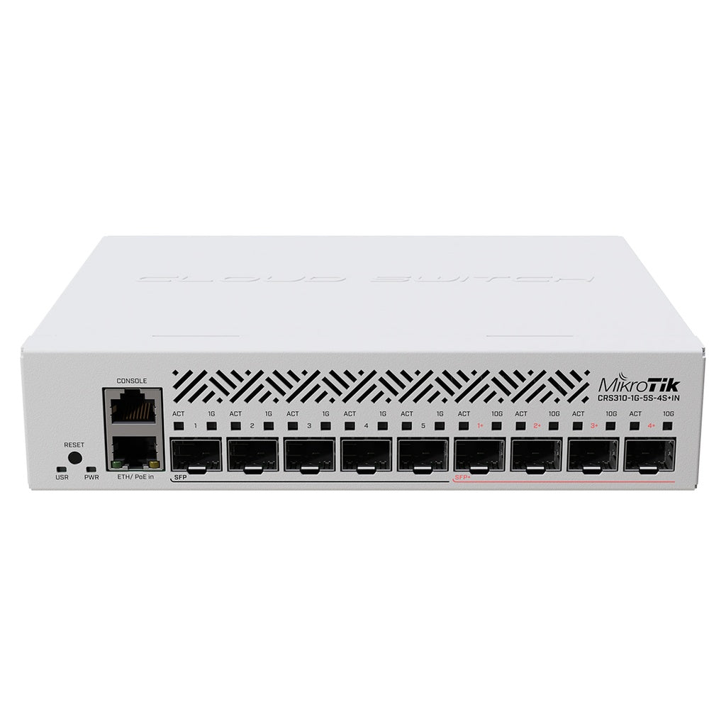 Router + Switch Mikrotik CRS310-1G-5S-4S+IN, 5 puertos SFP de 1Gbps y 4 SFP+ de 10Gbps, RouterOS nivel 5