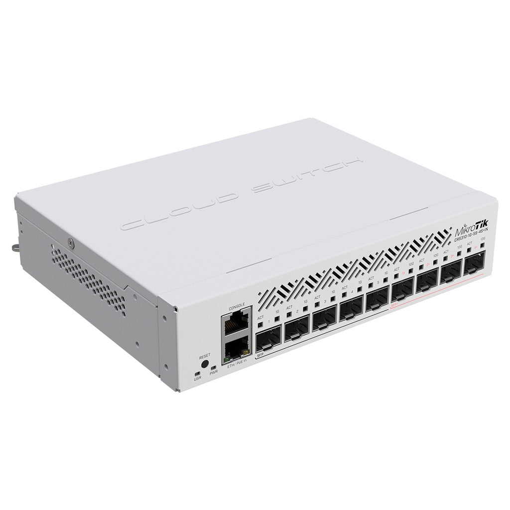 Router + Switch Mikrotik CRS310-1G-5S-4S+IN, 5 puertos SFP de 1Gbps y 4 SFP+ de 10Gbps, RouterOS nivel 5