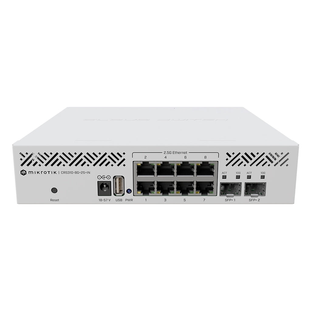 Router + Switch Mikrotik CRS310-8G+2S+IN, 8 puertos 2.5 Gigabit Ethernet, 2 puertos SFP+ de 10Gbps, RouterOS nivel 5
