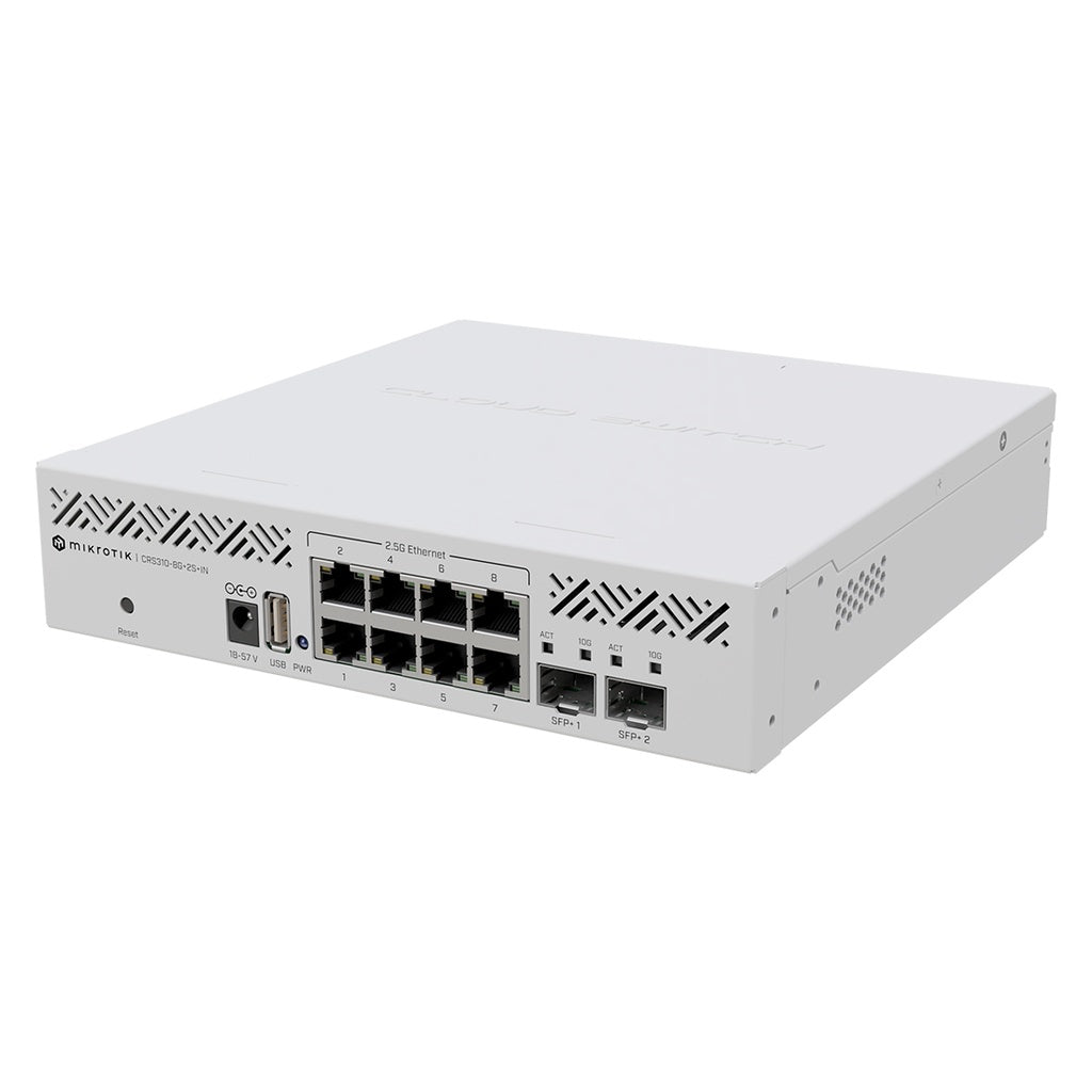 Router + Switch Mikrotik CRS310-8G+2S+IN, 8 puertos 2.5 Gigabit Ethernet, 2 puertos SFP+ de 10Gbps, RouterOS nivel 5