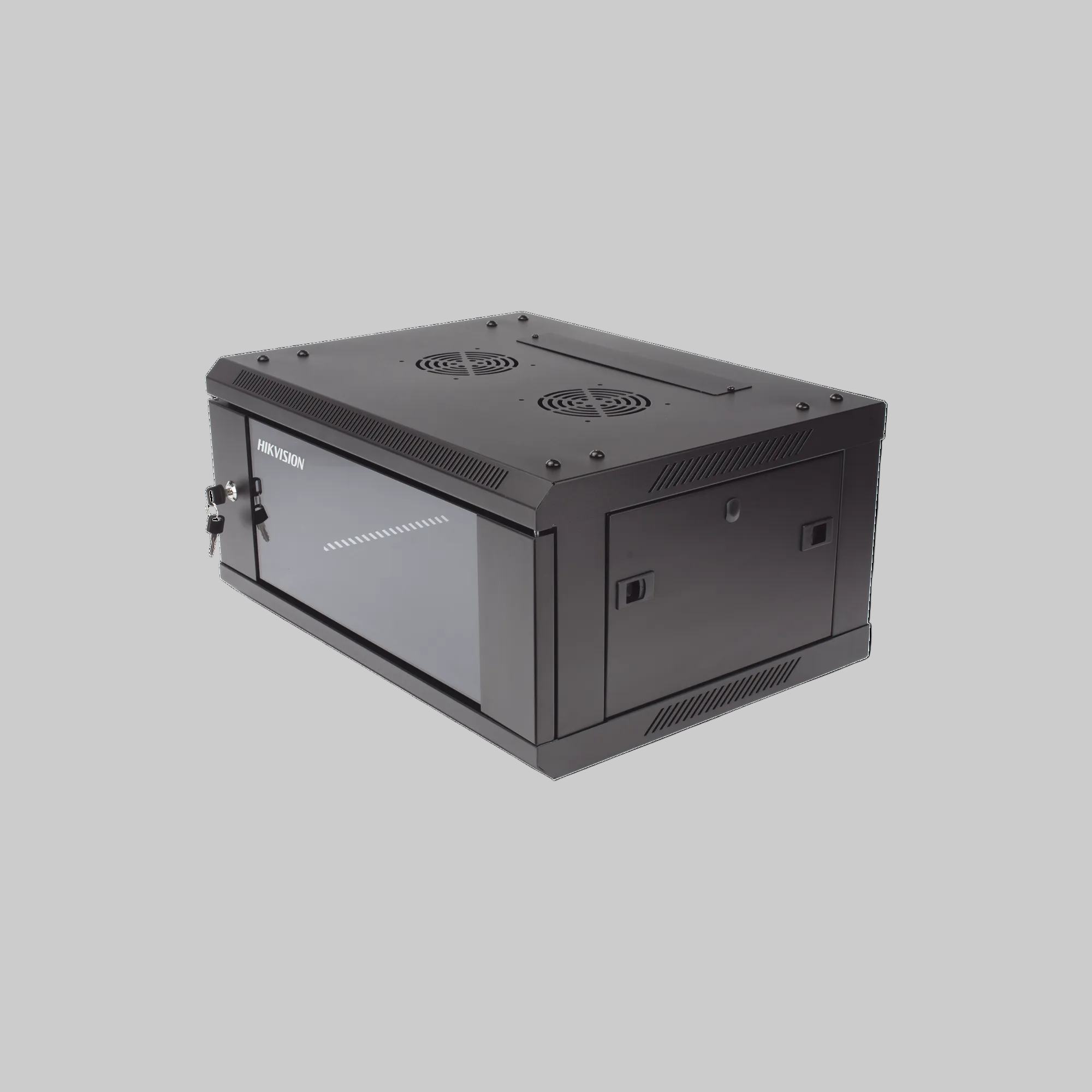 gabinete hikvision para pared metálico negro con puerta frontal y ventilación superior para equipos cctv